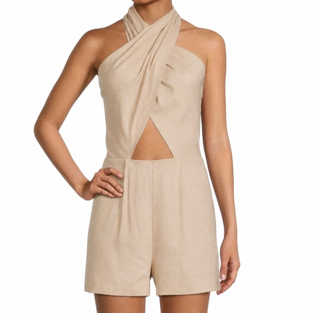 Gianni Bini Emmie Linen Blend Halter Cutout Romper Beige NWT Women's Size 8